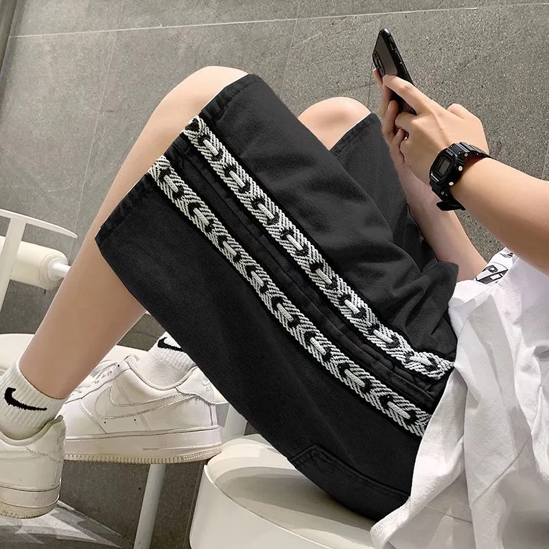 

Side-Banded Short Jeans Men's Summer Trendy Brand INS Large Size Loose Thin Sport Five-Quarter Pants Cotton 100% Cool Feeling