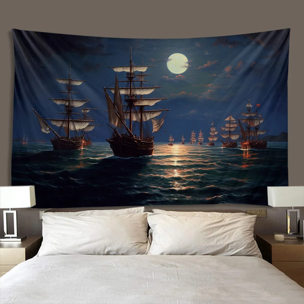 Large-Sized Vintage Pirate Ship Tapestry Wall Mounted Background Cloth for Home Festival Office Decor Aesthetic Marine Theme