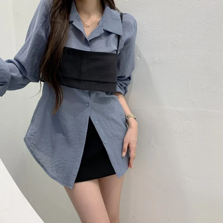 Spring 2025 Early Chic Vintage Sexy See-through Trendy Two-piece Set Women's Shirt Polyester Fiber 100% Sexy Micro-transparency
