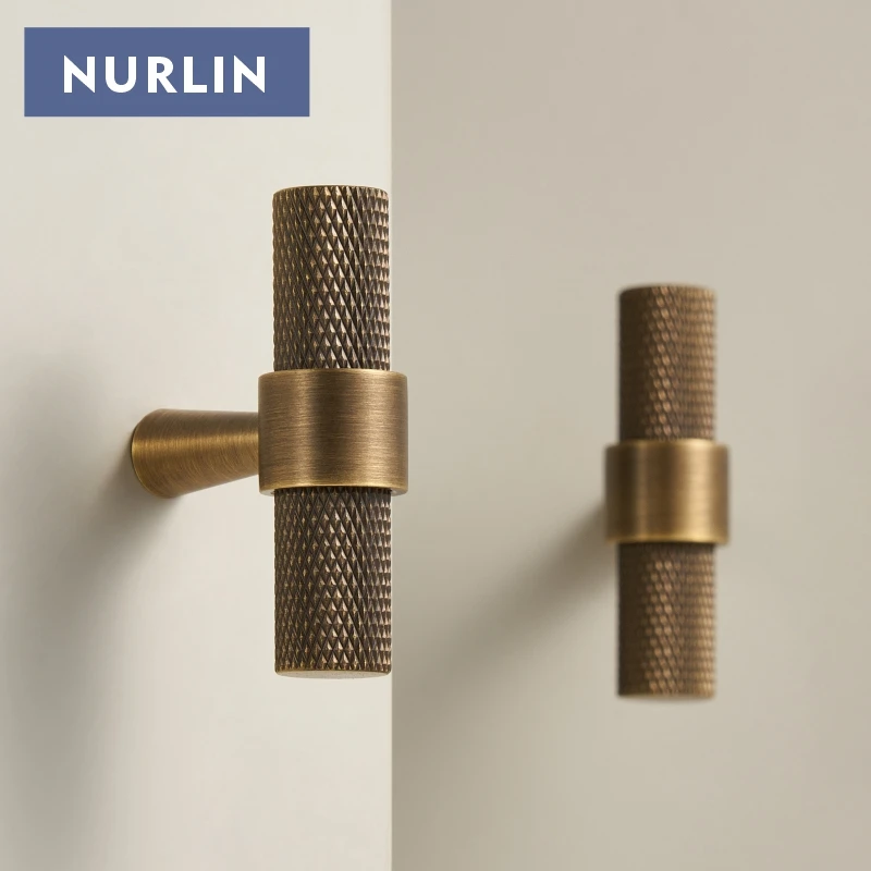 Nurlin Solid Brass Knurled Art Deco Retro Antique industrial style Cabinet Wardrobe Drawer Handle T-bar Pull