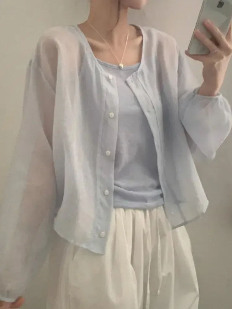 

Женский летний новый тонкий солнцезащитный жилет irt, комплект нижнего белья из двух предметов, прозрачный дизайн, для поездок на работу, обычный крой