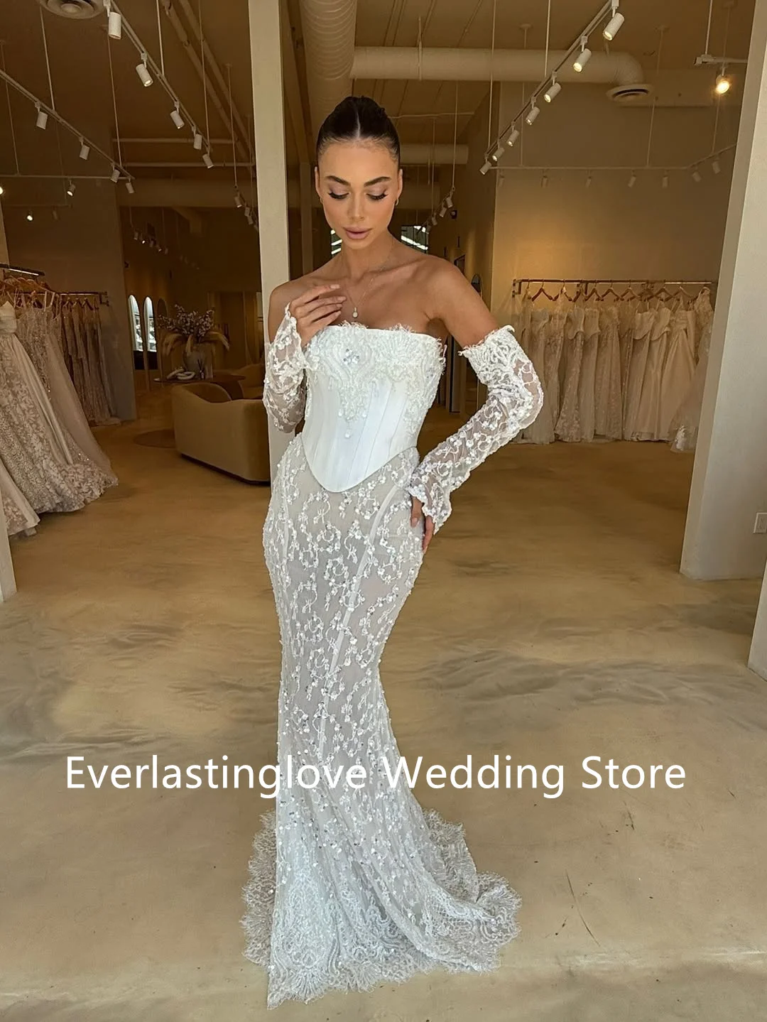 فستان زفاف مكون من قطعتين مزين بالدانتيل اللامع وأكمام طويلة قابلة للفصل مصنوع حسب الطلب 2026 Rode De Morrie