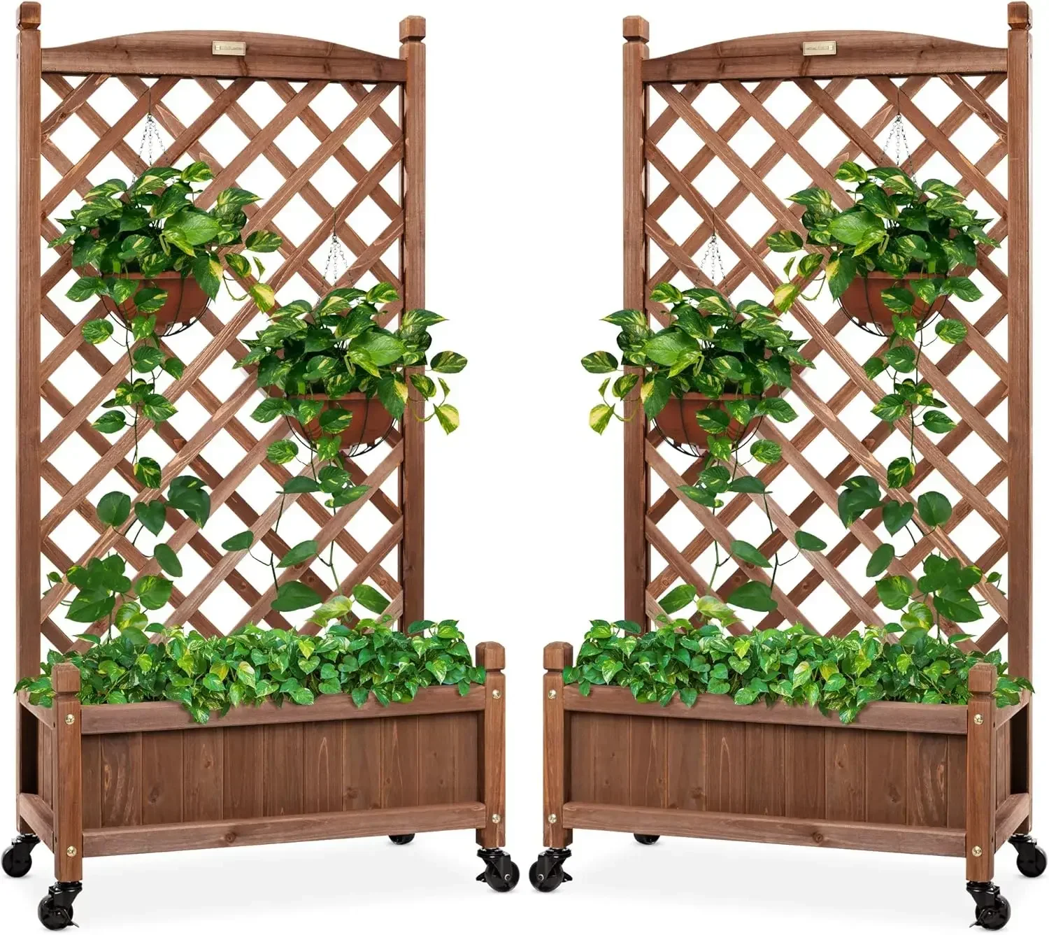 Set of 2 48in Wood Planter Box & Diamond Lattice Trellis,Mobile Outdoor Raised Garden Bed for Climbing Plants ,Walnut