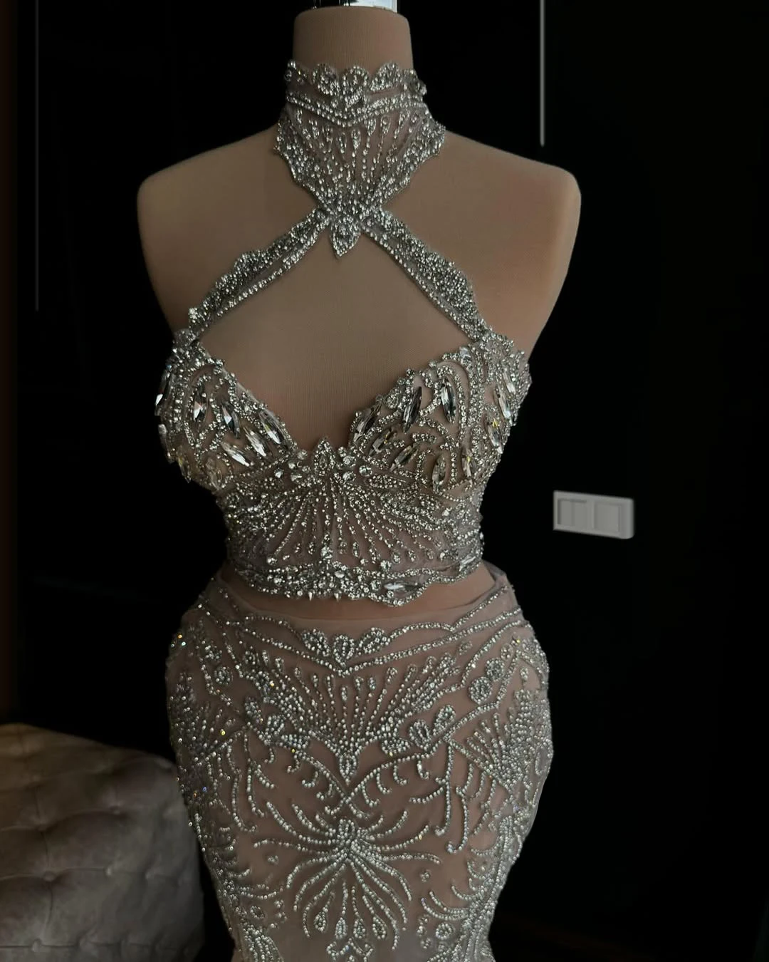 Elegant Two-Piece Champagne Mermaid Prom Dress Crystal Beaded High Neck Sleeveless Evening Dress Birthday Party Dress Customized