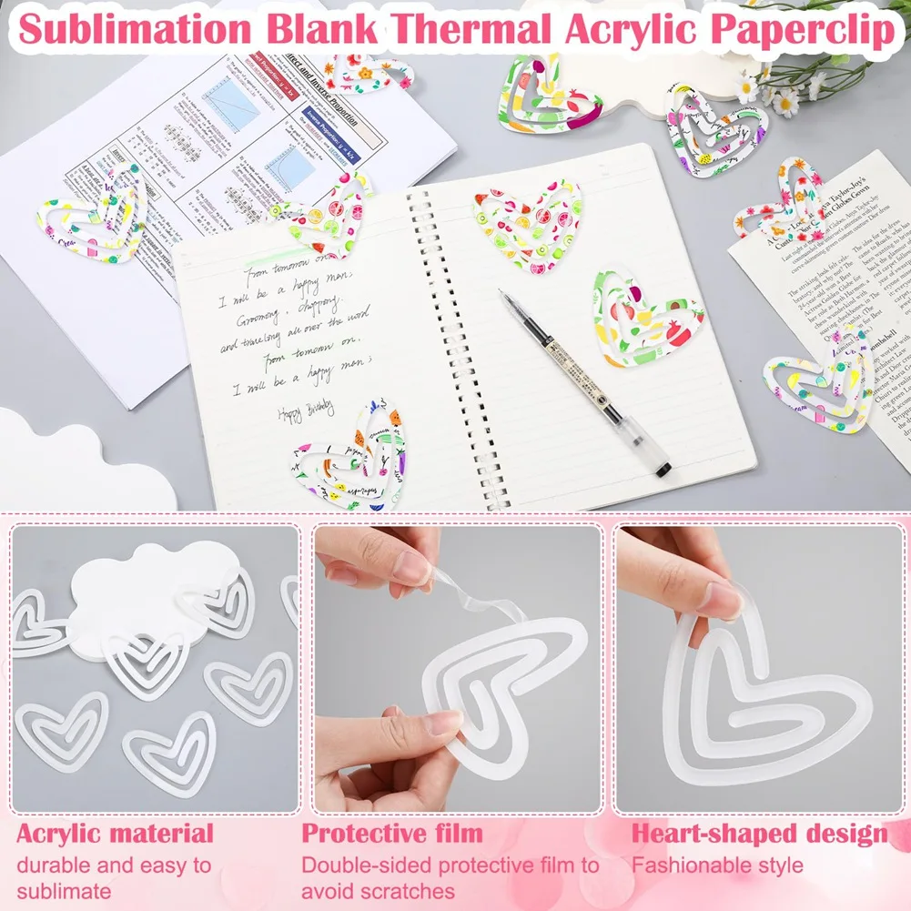 HRBAJ-20 Count DIY Heart-Shaped Acrylic Sublimation Paper Clips, 3.1 X 2.7 Inch, Blank Craft Paperclip Mockups