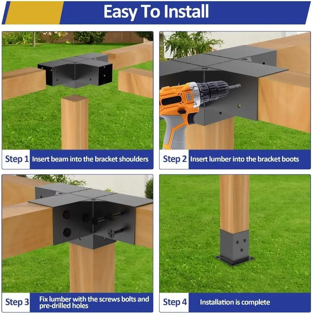 Kit de pergola de liga pesada de aço com suportes de 3 vias para madeira de 4 "x 4" (3.6" x 3.6 ") real, suportes de pergola diy adequados para pergo