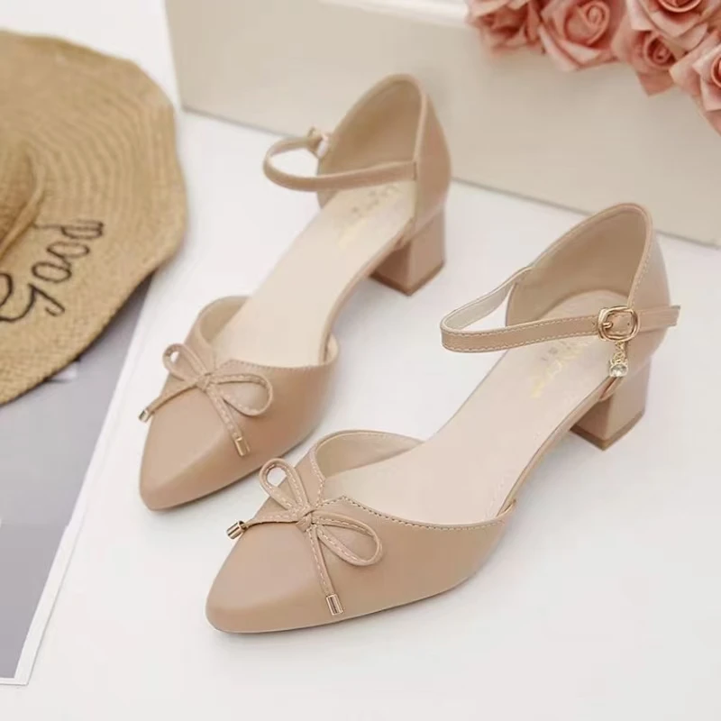

Women Block Heel Pointed Toe Hollow Out Sandals Spring Summer New Bowknot Buckle Strap Cover Heel Fashion High Heel Nude Shoes
