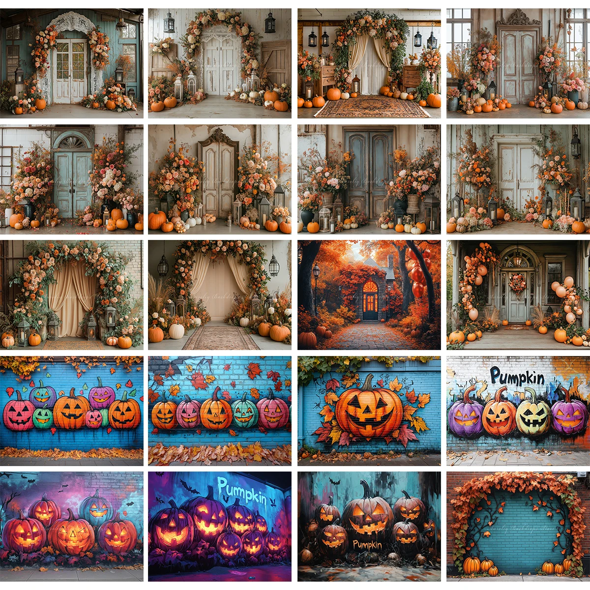 

Autumn Backdrop Halloween Theme Child Baby Birthday Cake Smash Photography Prop Graffiti Mural Pumpkin Background for Photoshoot