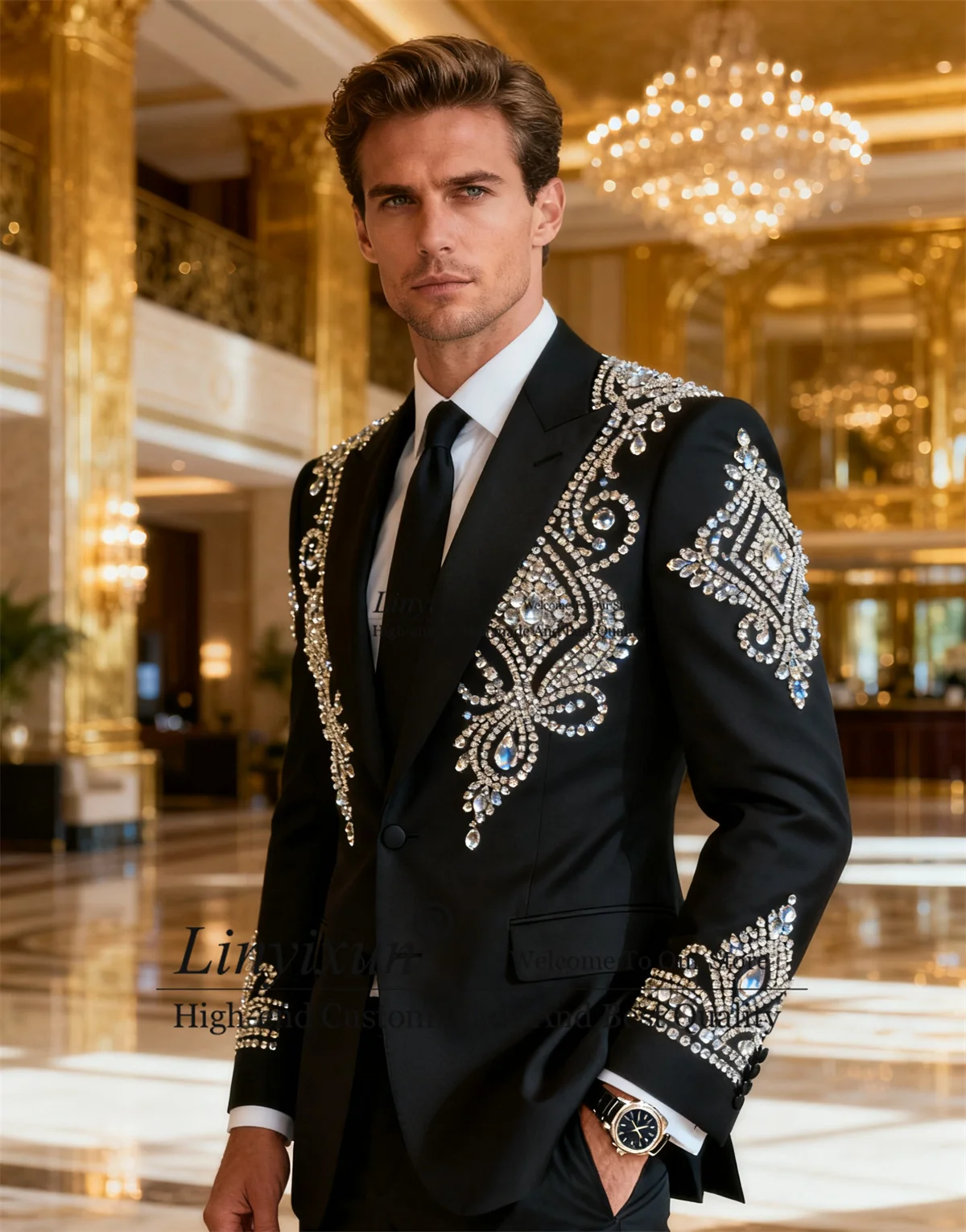 

Luxury Diamond Rhinestone Men Suit 2 Pieces Sets Groom Male Prom Blazers Handsome Wedding Party Tuxedos Customized ropa hombre