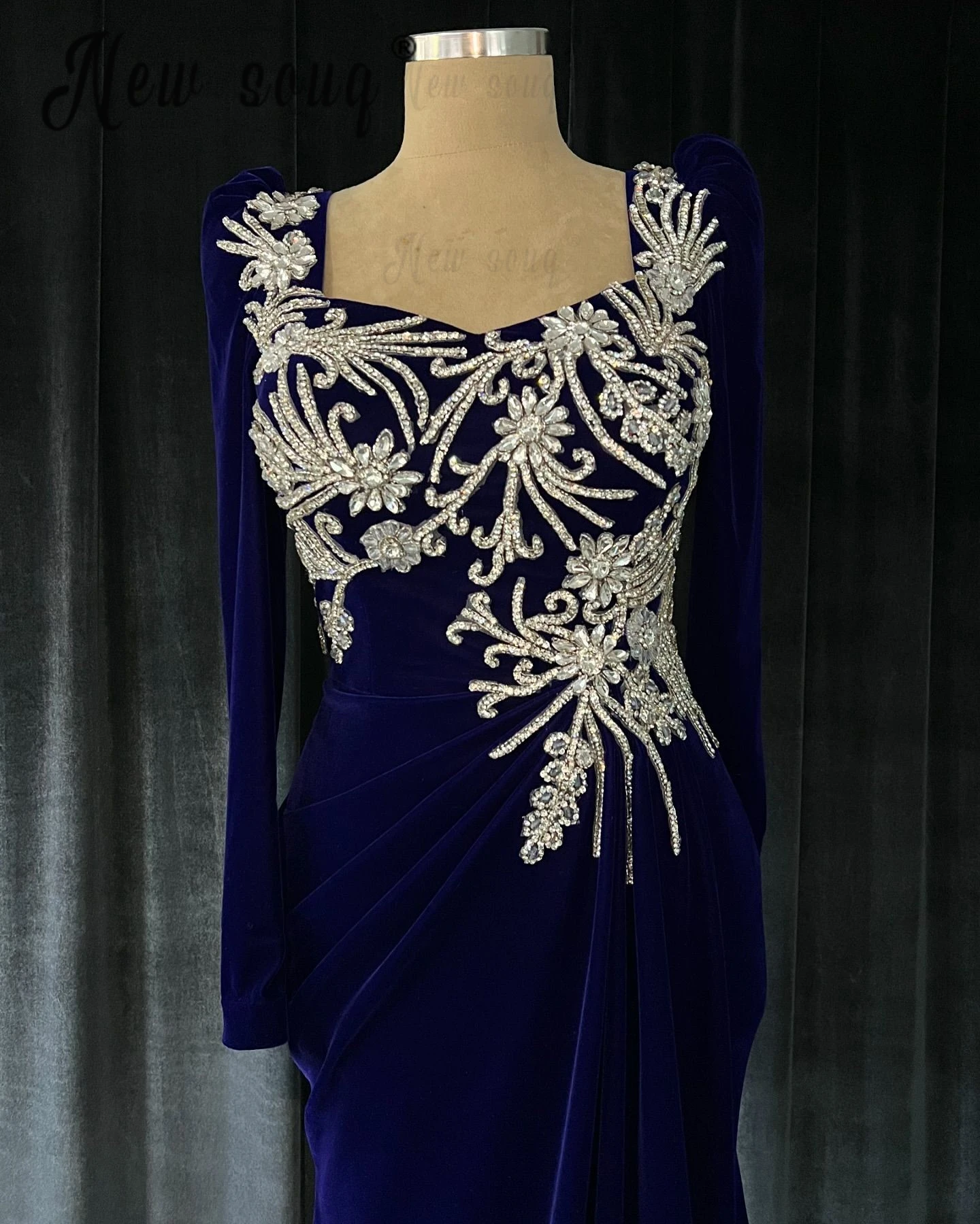 Elegant Royal Blue Velvet Women Party Dress Luxury Arabic Long Sleeve Slimming Mopping New Prom Gowns Vestido De Noiva