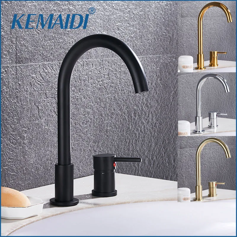 

KEMAIDI черный смеситель для ванной комнаты с двойным отверстием, смеситель для раковины с одной ручкой, твердая латунь, отдельный смеситель для горячей и холодной воды, золото