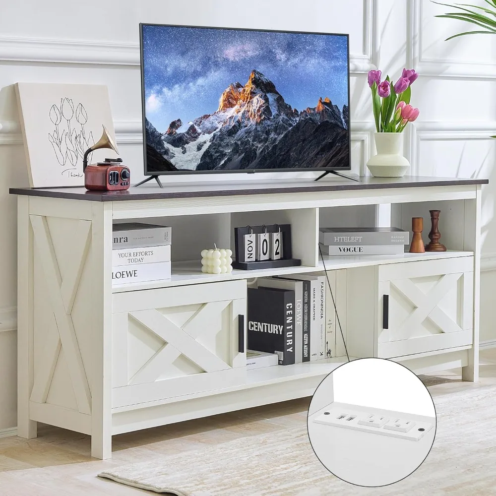 

Rustic White Farmhouse TV Stand, Entertainment Center with Power Outlets for TVs up to 65 Inch, Mid Century Modern TV Cabinet,