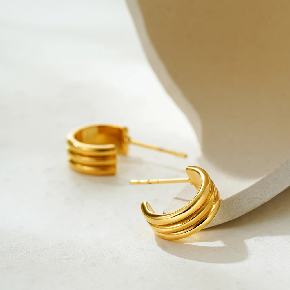 Fashion Minimalist Stainless Steel Gold Color Three Layer C Shape Stud Earrings Prevent Waterproof Charm Jewelry Women Gift