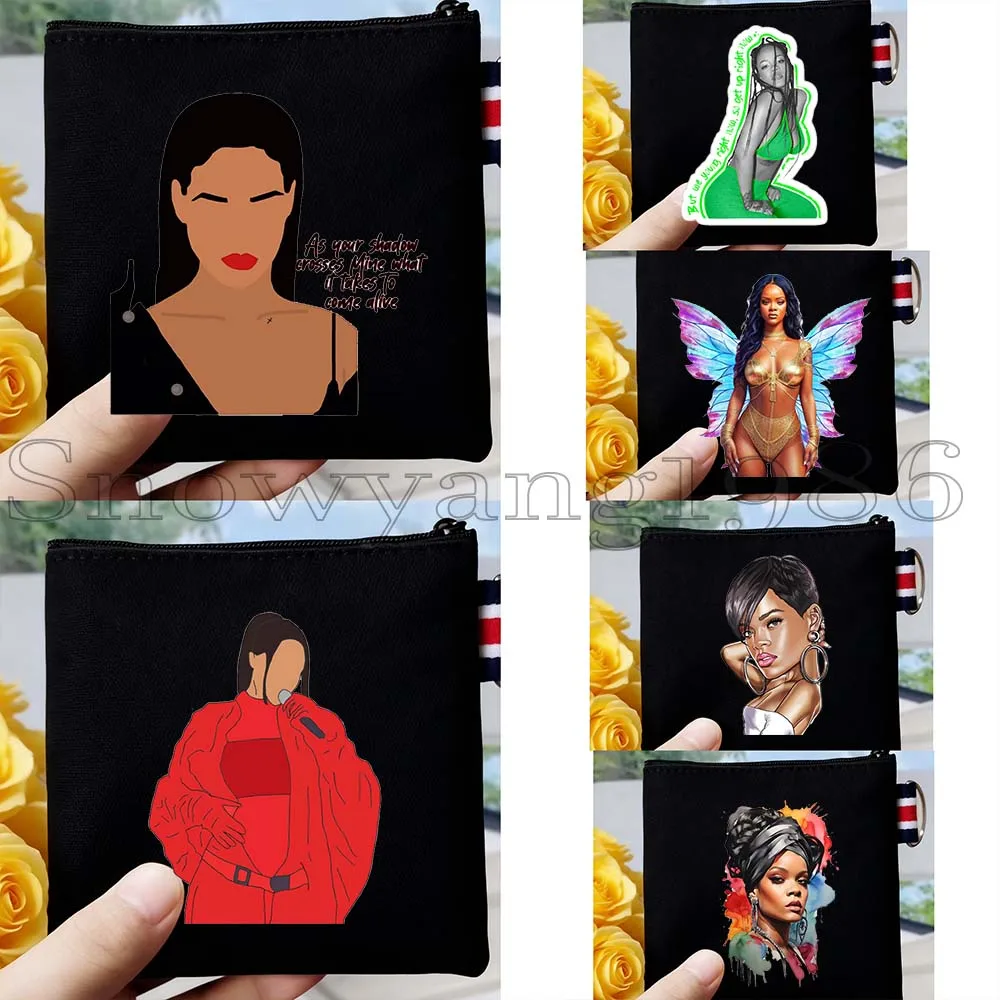 6PCS Beautiful Sexy Rihanna Portrait Music Singer Poster Fan Gifts Canvas Coin Purse Bag Small Key Storage Card Bag Wallet Pouch