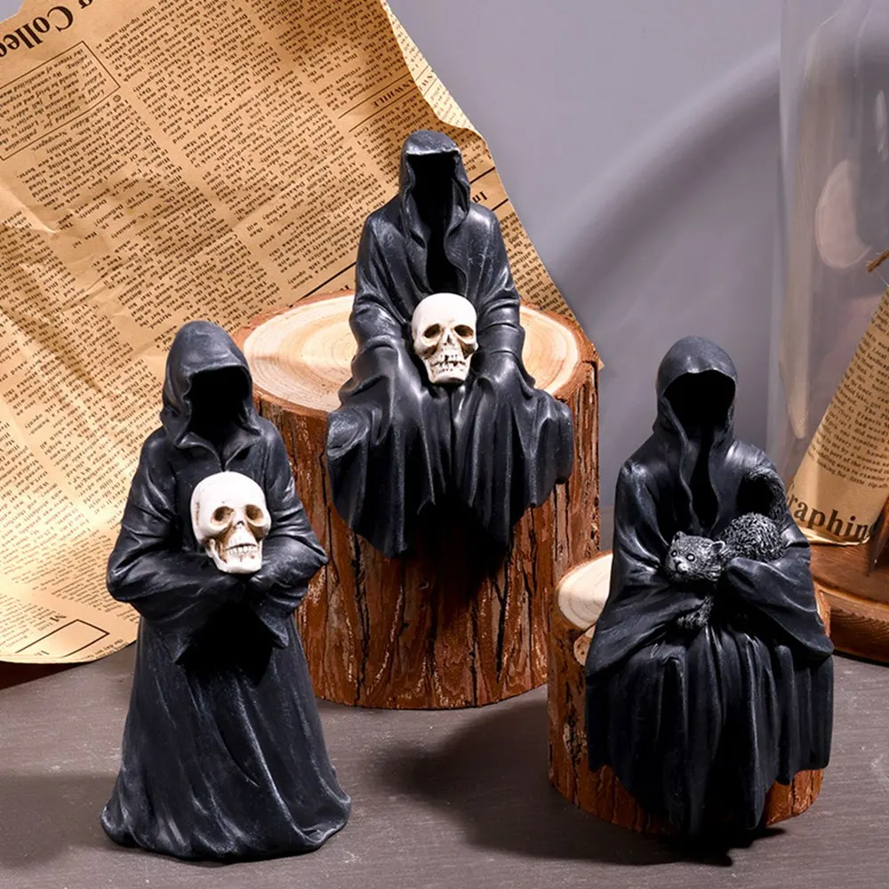 Halloween Black Robe Gothic Ornament Black Mask Faceless Ghost Home Desktop Car Resin Living Room Bookshelf Home Office Bedroom