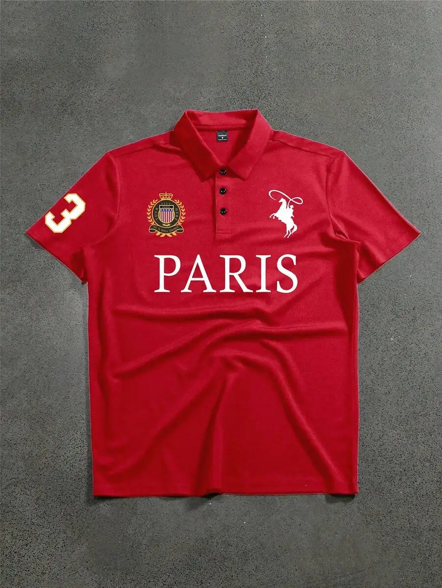 

Mens Red Casual Graphic Print Shirt With Paris Logo Streetwear Summer