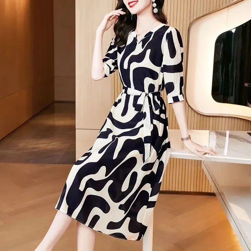 

New Temperament Printing O-neck Half Sleeve Midi Dress Summer Elegant Lacing Pullover Ladies Dresses Women Clothing Korean B020