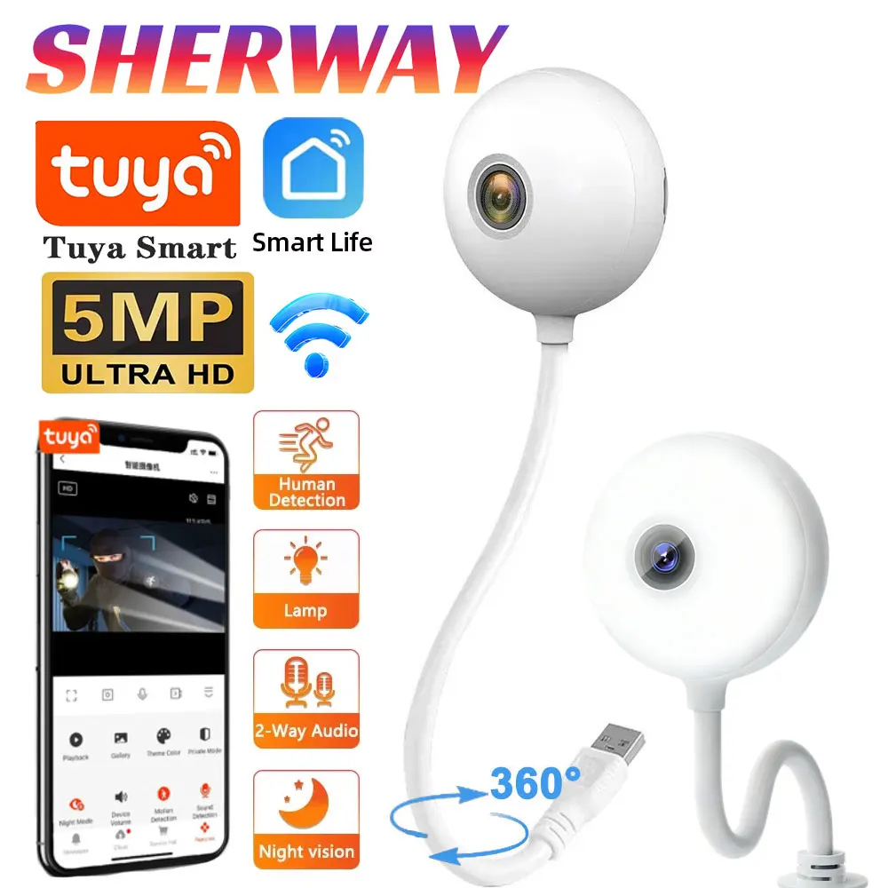 5MP Tuya Mini WiFi Camera Indoor 2K Security Camera for Baby Monitor Wireless USB Plug IP Surveillance AI Auto Tracking Babe Cam