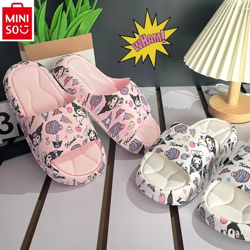 Miniso Zomer Schattige Cartoon Kuromi Zachte Zool Bovenkleding Dikke Zool Pantoffels, Anti Slip En Slijtvast Één Woord Slippers