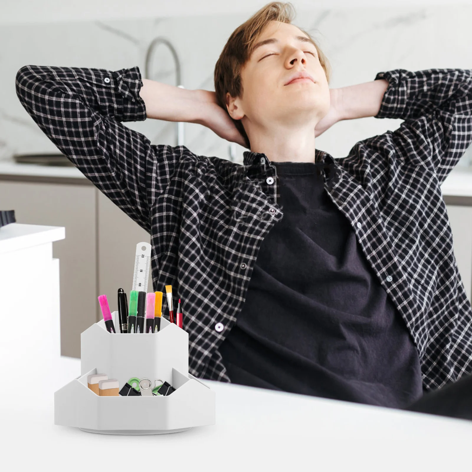 

Rotating Pencil Holder for Desk Stylish Simple Design Ample Storage Space Compact Exquisite Plastic Material Office