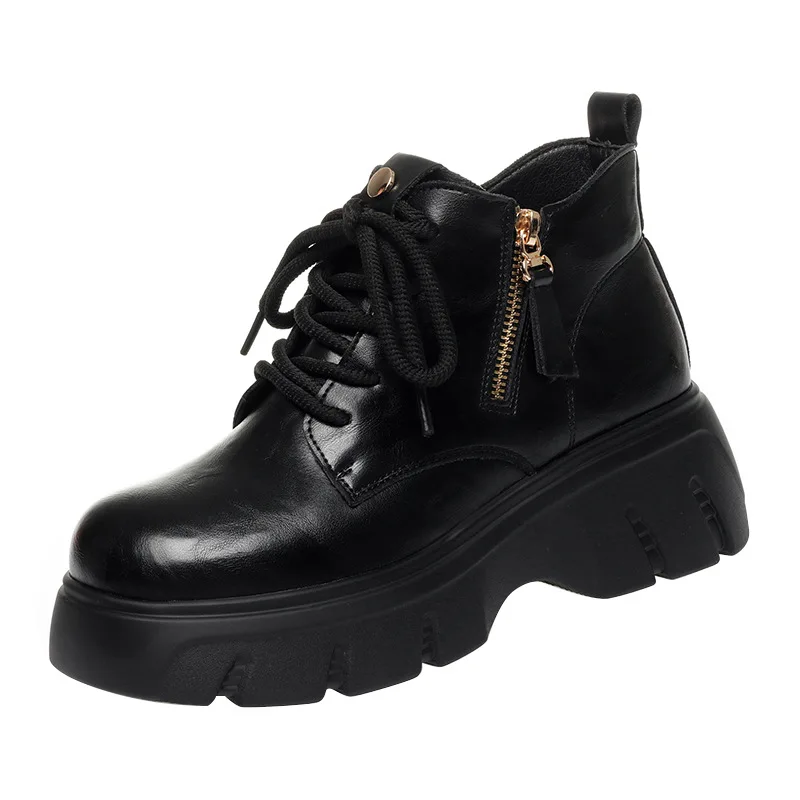 6cm Vintage Thick Bottom Creepers Platform Shoes Winter Fur Leather Boots 2025 Med Heels Short Ankle Motorcycle Boots Office Mom