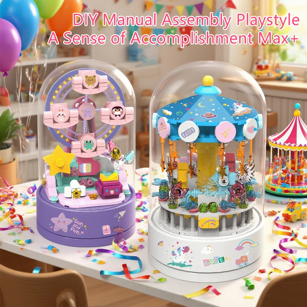 

MOC Building Block 3D Plastic Flower Carousel Music Box - Sunflower Rose Cake Ferris Wheel Adult Teen Birthday Christmas Gift