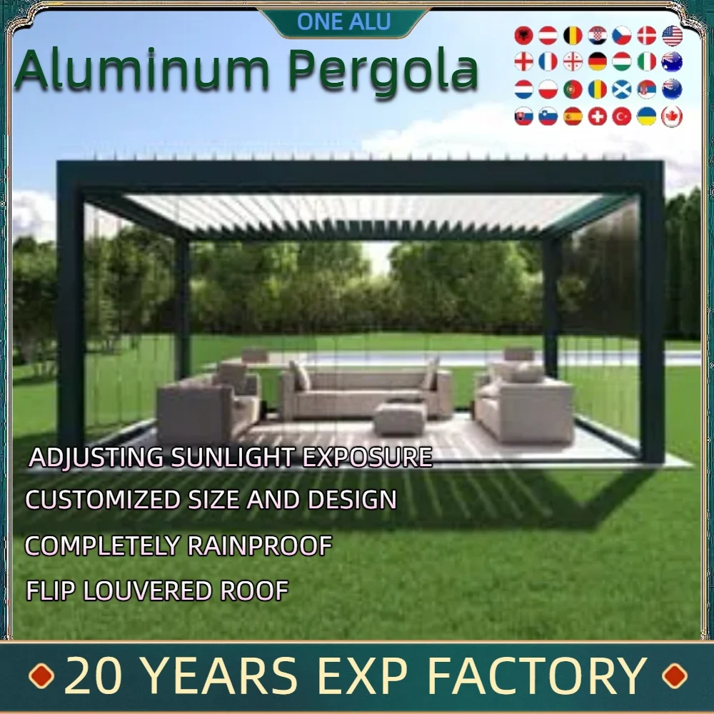 

Bioclimatic Aluminum Pergola flip louvered roof customized size manual and motorized pergola roller blind sunshade screen wall