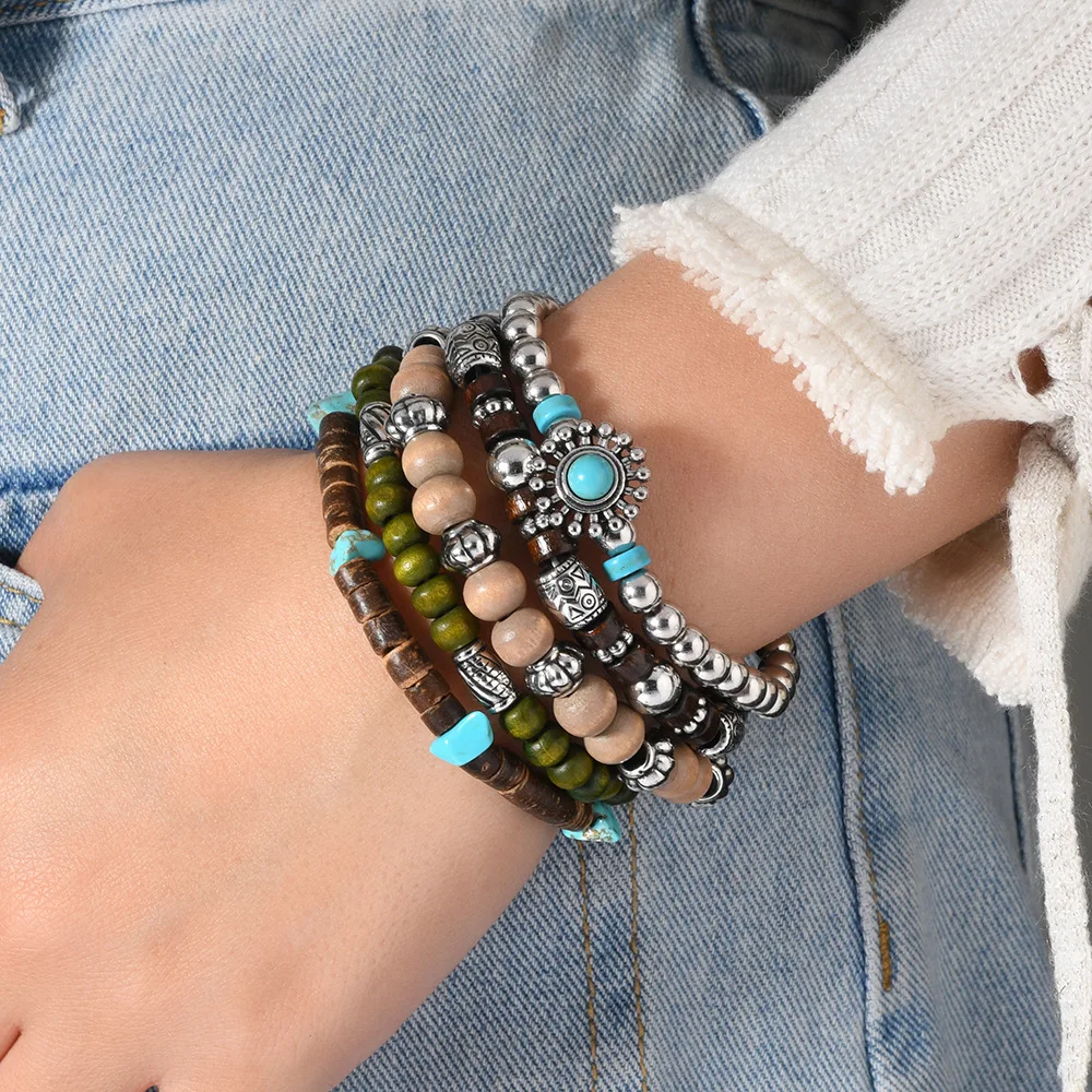 Bohemia Vintage Tribal Wooden Beaded Bracelets For Men Multi Layer Fashion Retro Flower Turquoise Bracelets Gifts