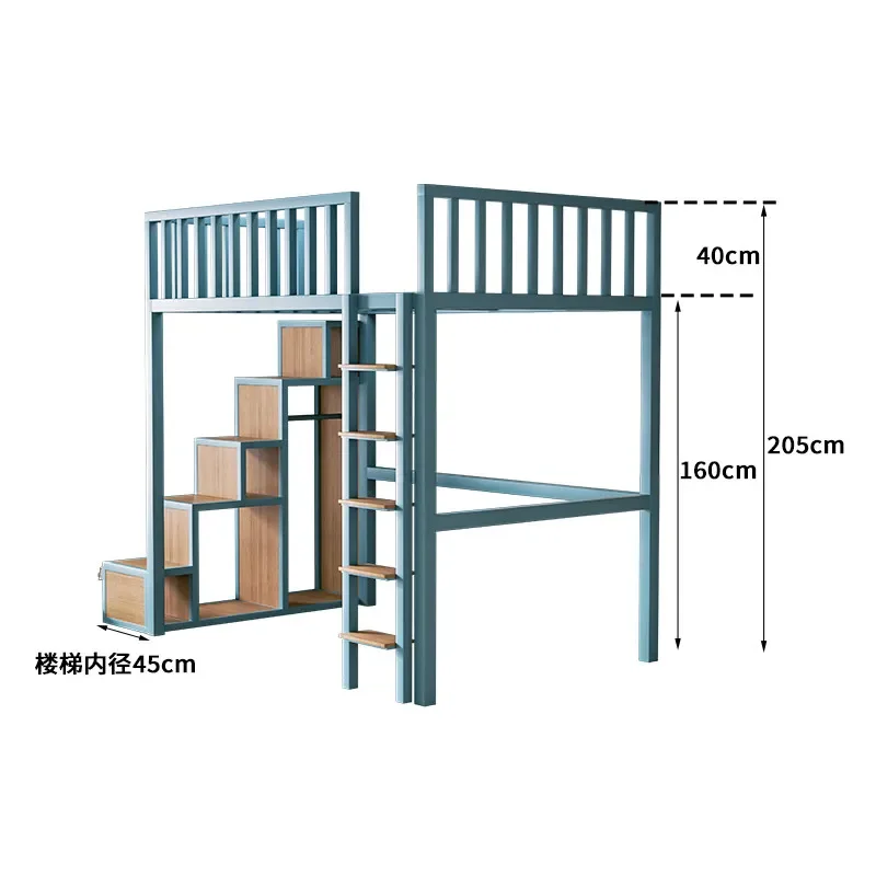 High bed, duplex, second floor , loft-style wrought iron sheet, upper floor, lower bed, table combination, lower