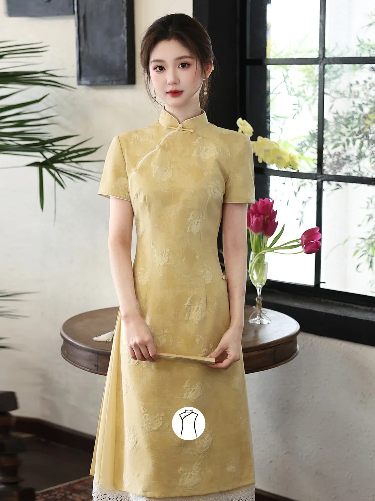 

Новое женское летнее платье в китайском стиле, желтое, приталенное, с утягивающим эффектом на талии, короткое, в стиле ретро, дышащее, легкое