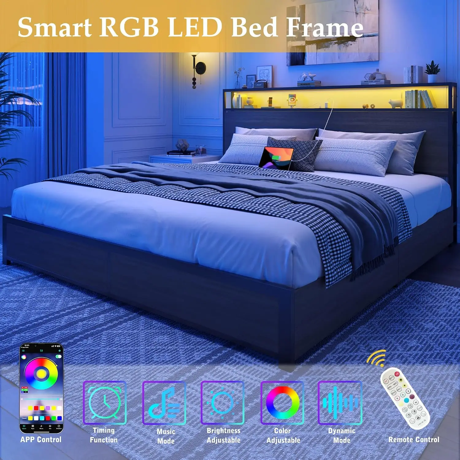 Grey Metal Platform Bed With Storage Headboard, 4 Drawers, Charging Station & LED, Noise-Free, No Box Spring, Customized