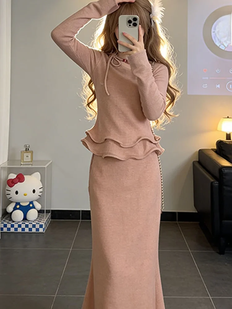 

Elegant Pink Long Sleeve Knitted Sweater And Half Skirt Women's Two-Piece Set Spring Slimming Fashionable And Proper