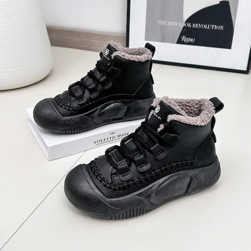 Leather Round Toe with Laces Female Shoes Sports High Platform Brown Ladies Snow Boots Lace-up Chunky Sneakers Boot Quality Sale