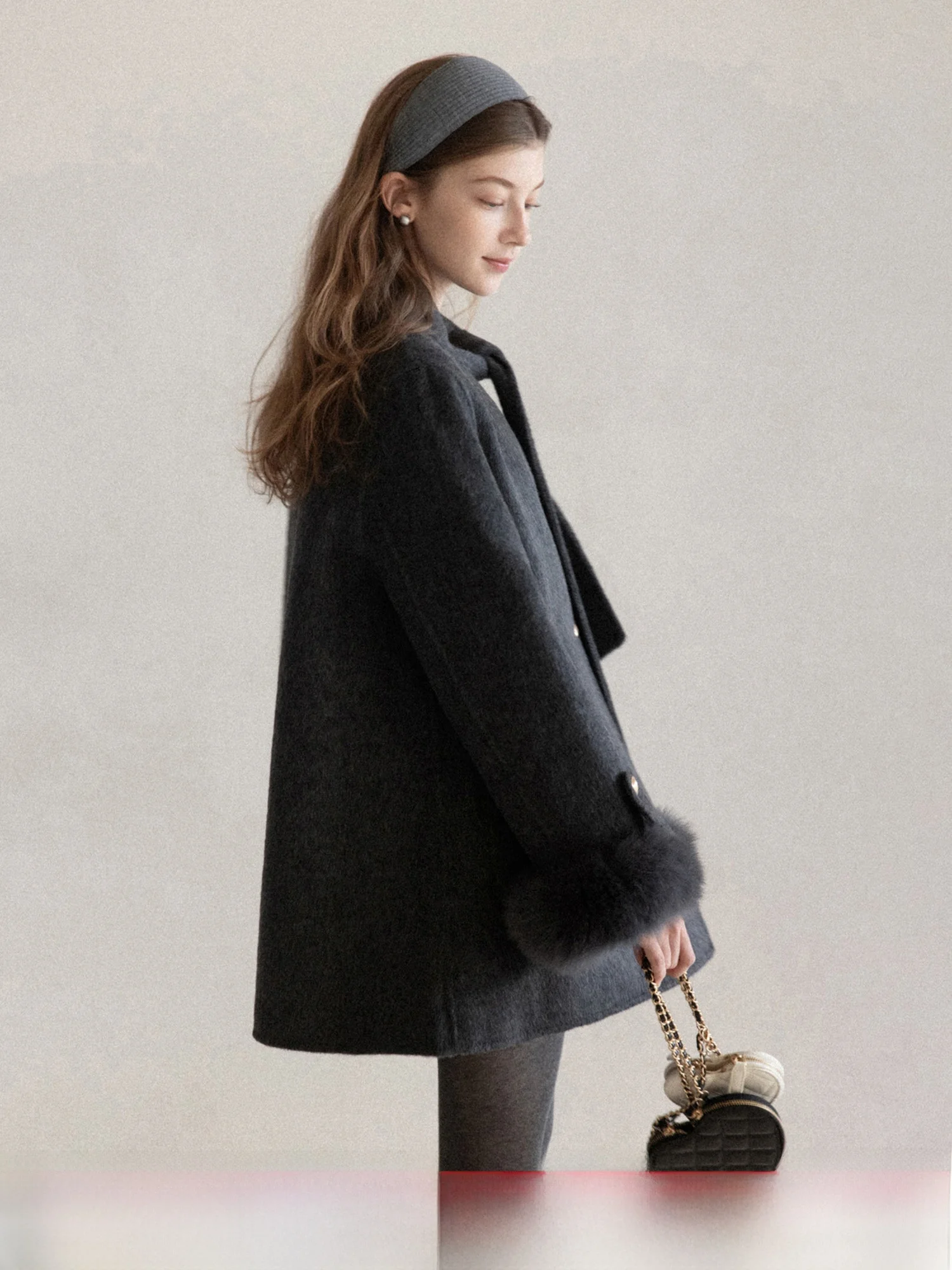 

Warm Grey Woolen Coat for Women with French Bow Knot Fleece Lined Winter Outerwear Straight Hemline Long Sleeve High Waist