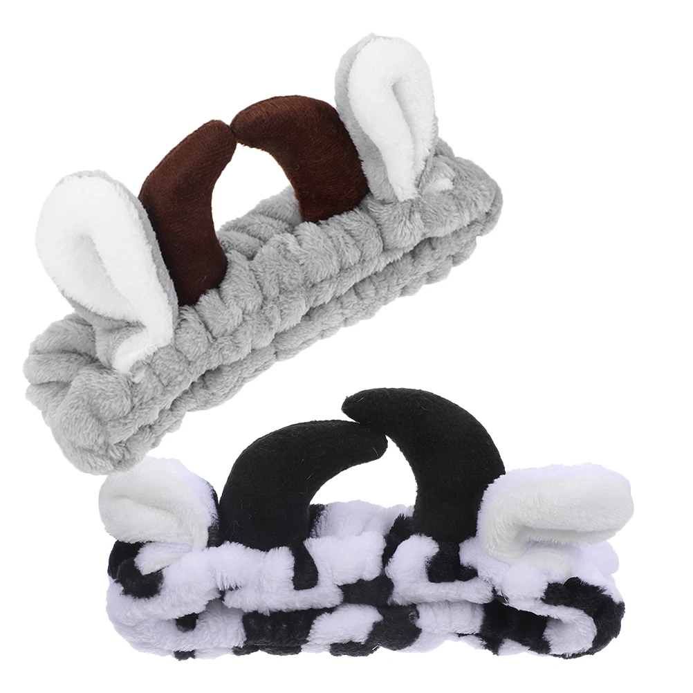 

2Pcs Cow Headbands Flannel Hairbands Adjustable Elastic Spa Makeup Facial Skincare Washing Face Headband Women Accessories