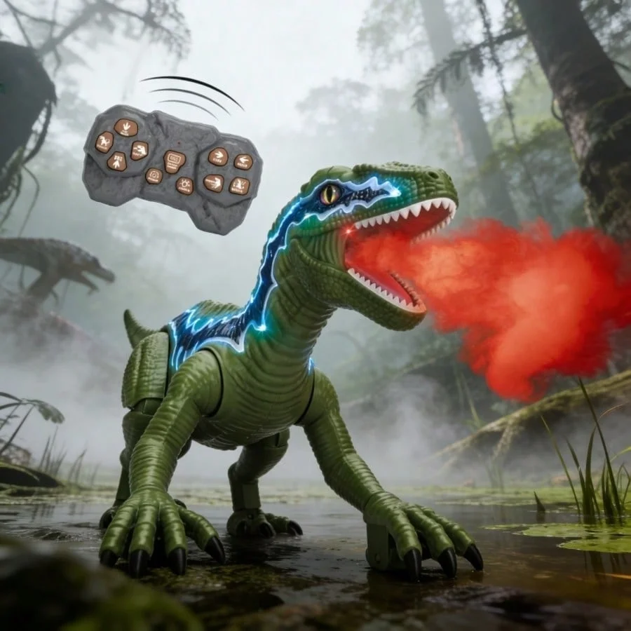 RC Dinosaur Toy for Kids, 2.4GHz Velociraptor with Spray Mist, LED Lights, Roaring Sound, Walking Dancing Robot Gift 3+