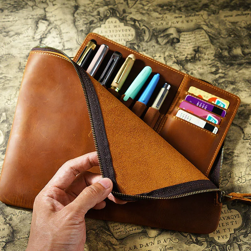 Crazy Horse Leather Zipper Pen Bag Multicolor Optional Large-capacity Cowhide Bag Removable Pencil Case Clutch Bag