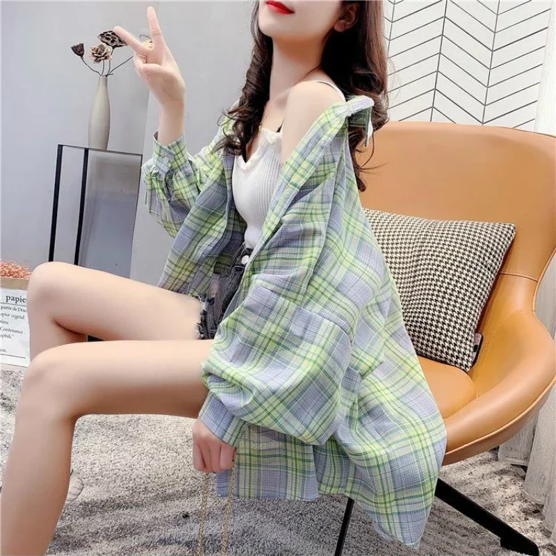 Shirts Women Fashion Chic 3XL Batwing Sleeve Plaid Summer Sun-proof Simple Daily Casual Korean Style Harajuku All-match Ladies