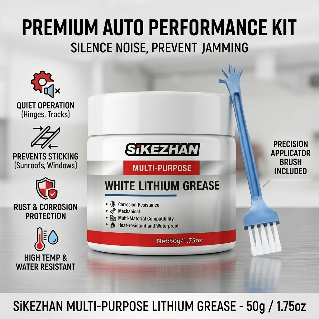 50g White Lithium Grease with Brush, Car Home Lubricant for Sunroof & Door Hinge, Waterproof Heat Resistant Maintenance Grease
