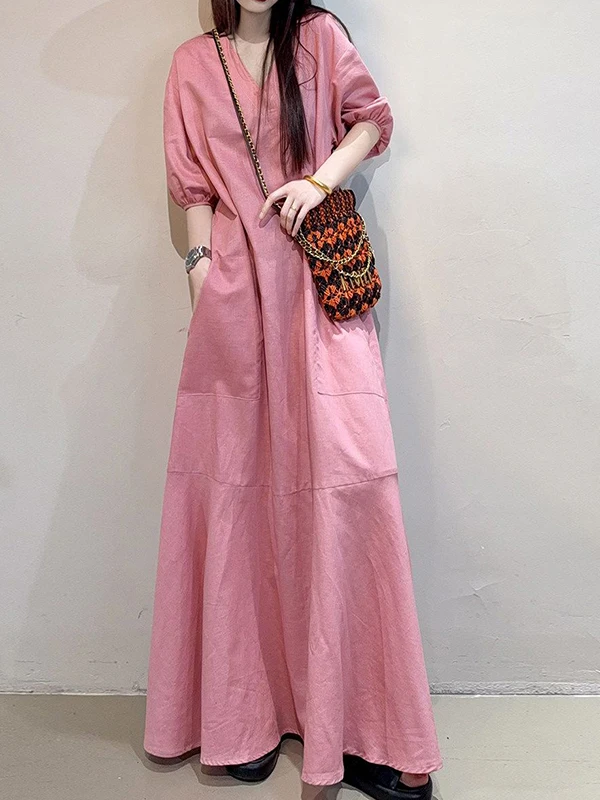 

plus Size V-Neck Short Sleeve Dress Women's Casual Knee-Length Pink Long Skirt Breathable Comfortable Loose Fit Summer Dress