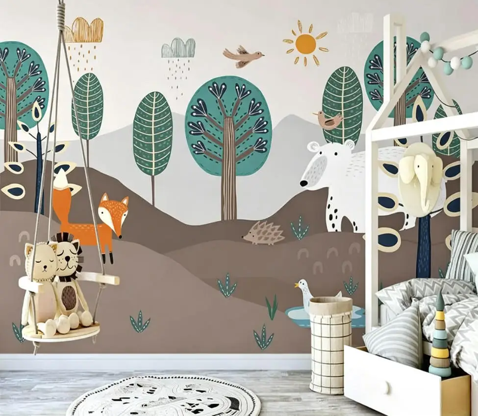 Customized Nordic cartoon wallpaper hand-painted dinosaur forest animal children's room background wall decoration 3d wallpaper
