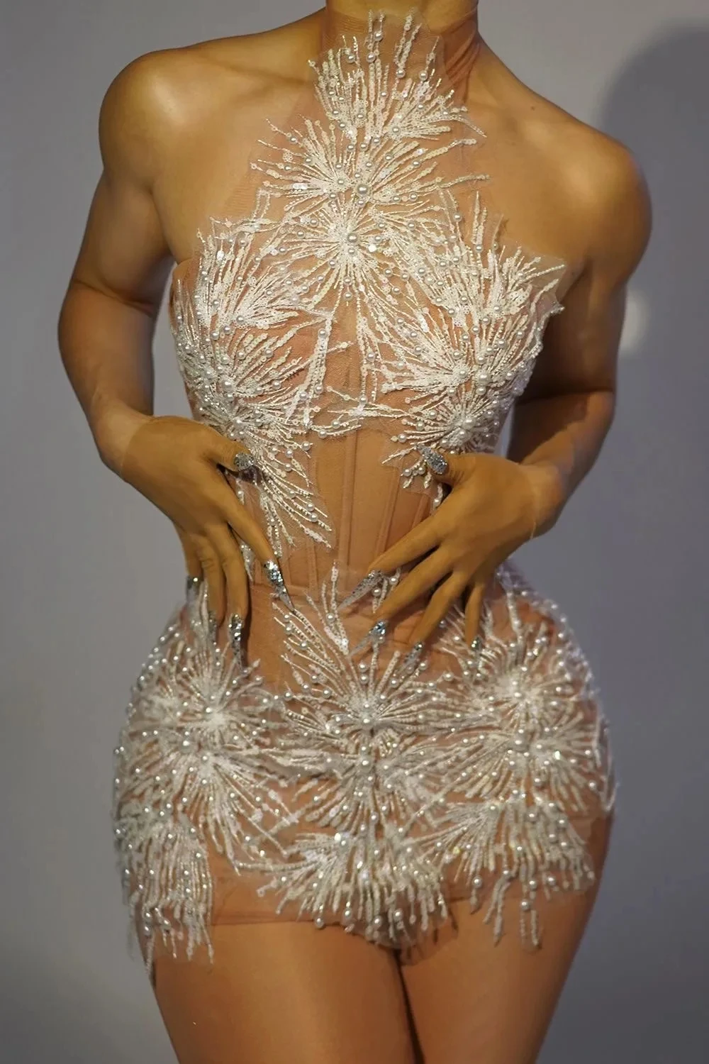 Vestido de lantejoulas pérola transparente para mulheres, saia traseira aberta, decote feminino, comemoração do Natal, festa noturna no palco, sexy, nova chegada, 2023