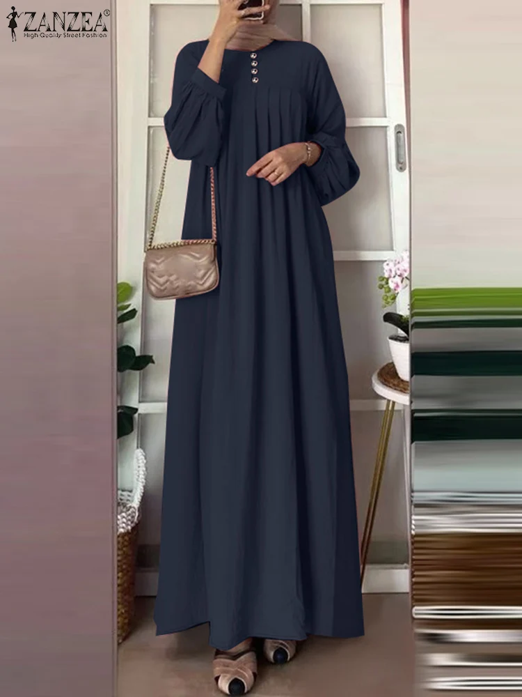 Women Autumn Sundress Fashion Long Lantern Sleeve Solid Maxi Dress 2024 ZANZEA Vintage Muslim Dress Robe Femme Islamic Clothing