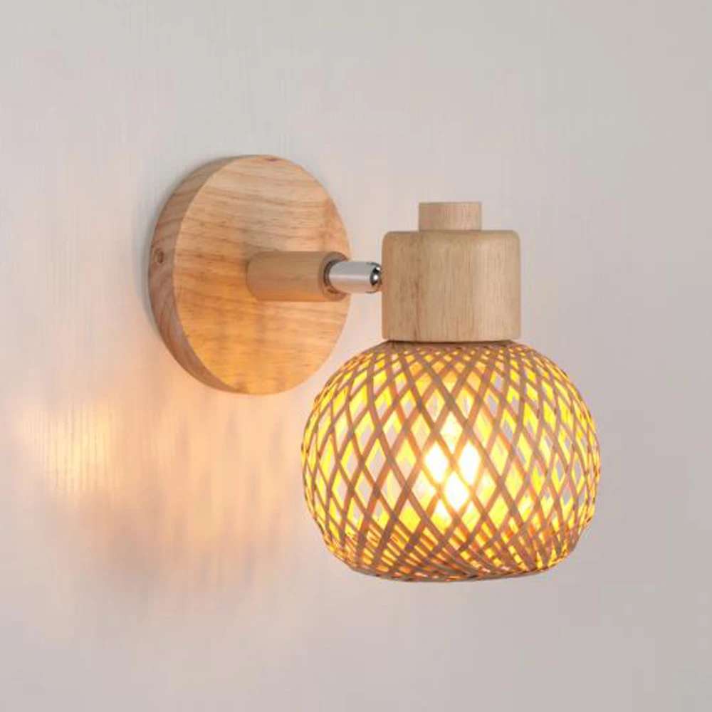 Rattan Bamboo Wall Lamp Sconce Fixture Vintage Boho Rustic Wall Light for Hallway Porch Bedroom Living Room Indoor Lighting E27