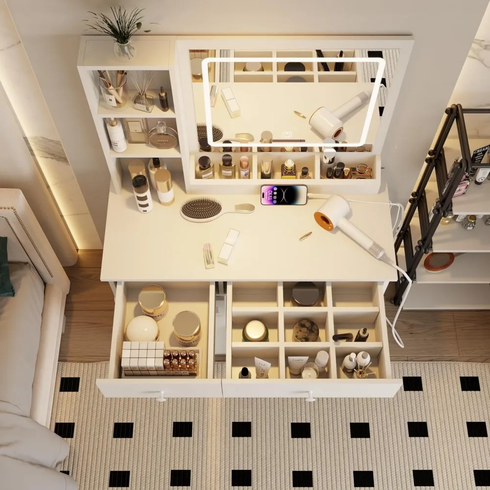 illuminated white vanity desk with drawers and charging port