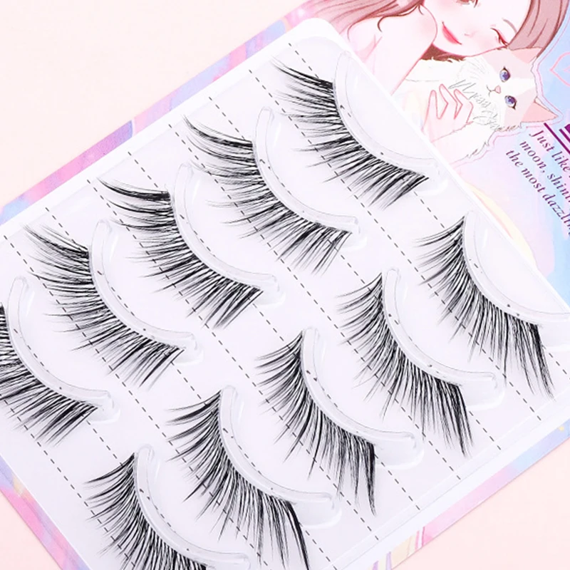 1 Juego de pestañas postizas de Anime, 5 pares de pestañas largas, maquillaje de día Natural, pestañas Manga, correa transparente, agrandar tus ojos