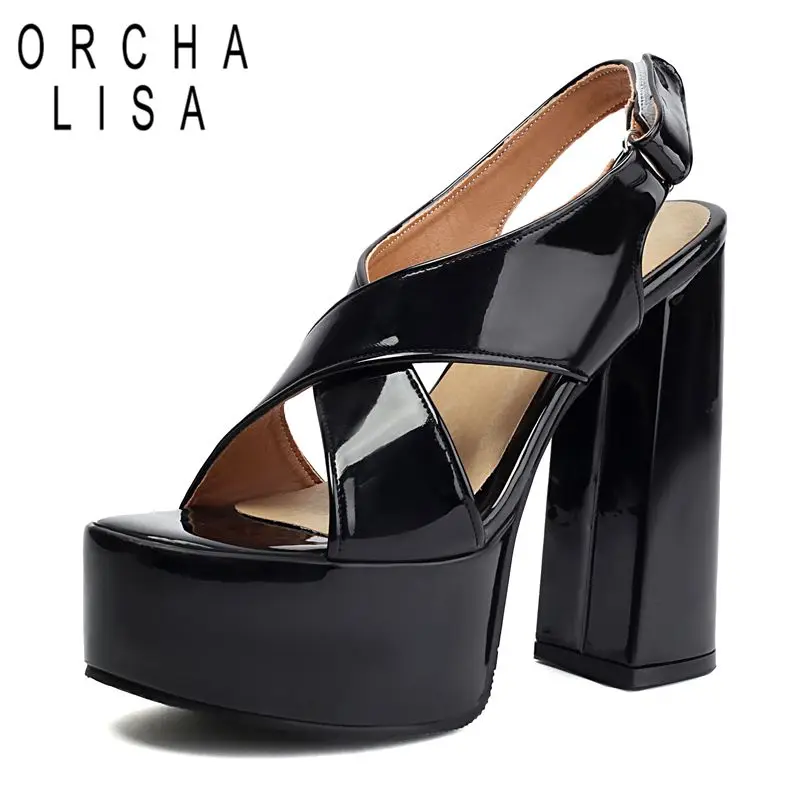 

ORCHA LISA Модные женские блестящие сандалии с открытым носком на блочном каблуке 14 см на платформе 4,5 см на липучке, большие размеры 41 42 43 Сексуальная обувь для свиданий