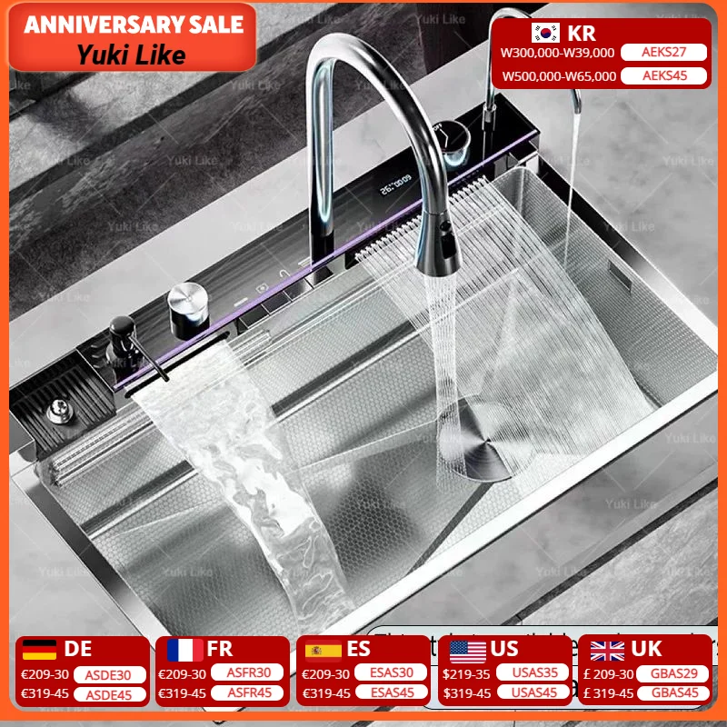 

Silver Waterfalls Stainless Steel Kitchen Sink Multifunction Intelligent Digital Display Temperature Household Large Single Slot