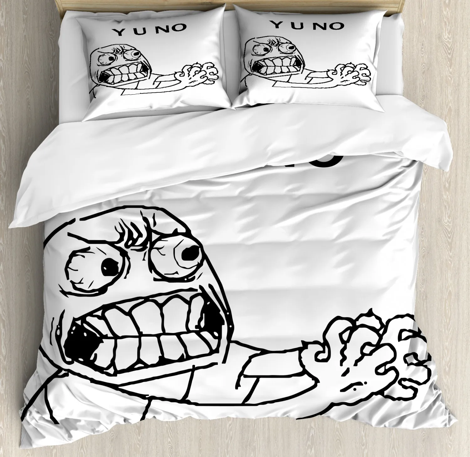 Humor Decor Queen Size Duvet Cover Cartoon Style Troll Face Guy with Popular Artful Facial Expression Soft Polyester Bedding Set