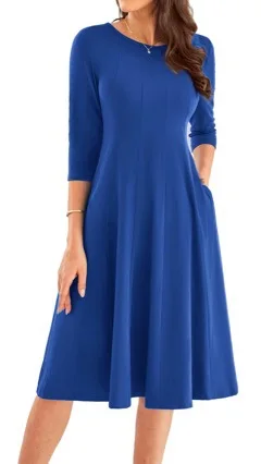 

Y2K women's fashion high waist solid color dress zipper back round neck seven-quarter sleeve loose casual medium and long dress